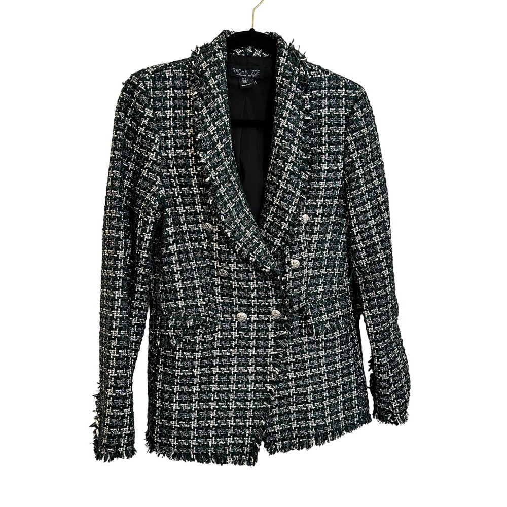 Rachel Zoe Tweed Double Breasted Blazer Size M Green Black Plaid Fringe Metallic